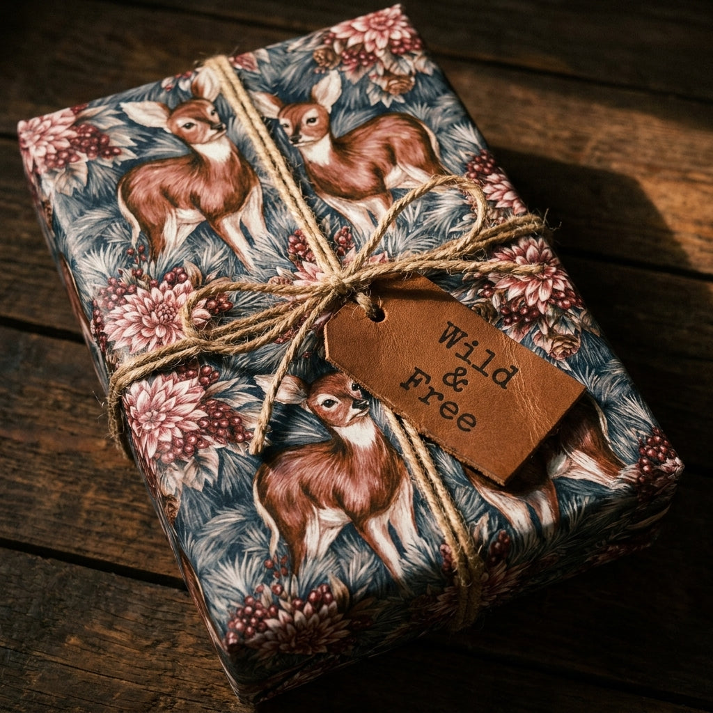 Rustic woodland deer wrapping paper with a vintage floral design, by Wrapped Studios.