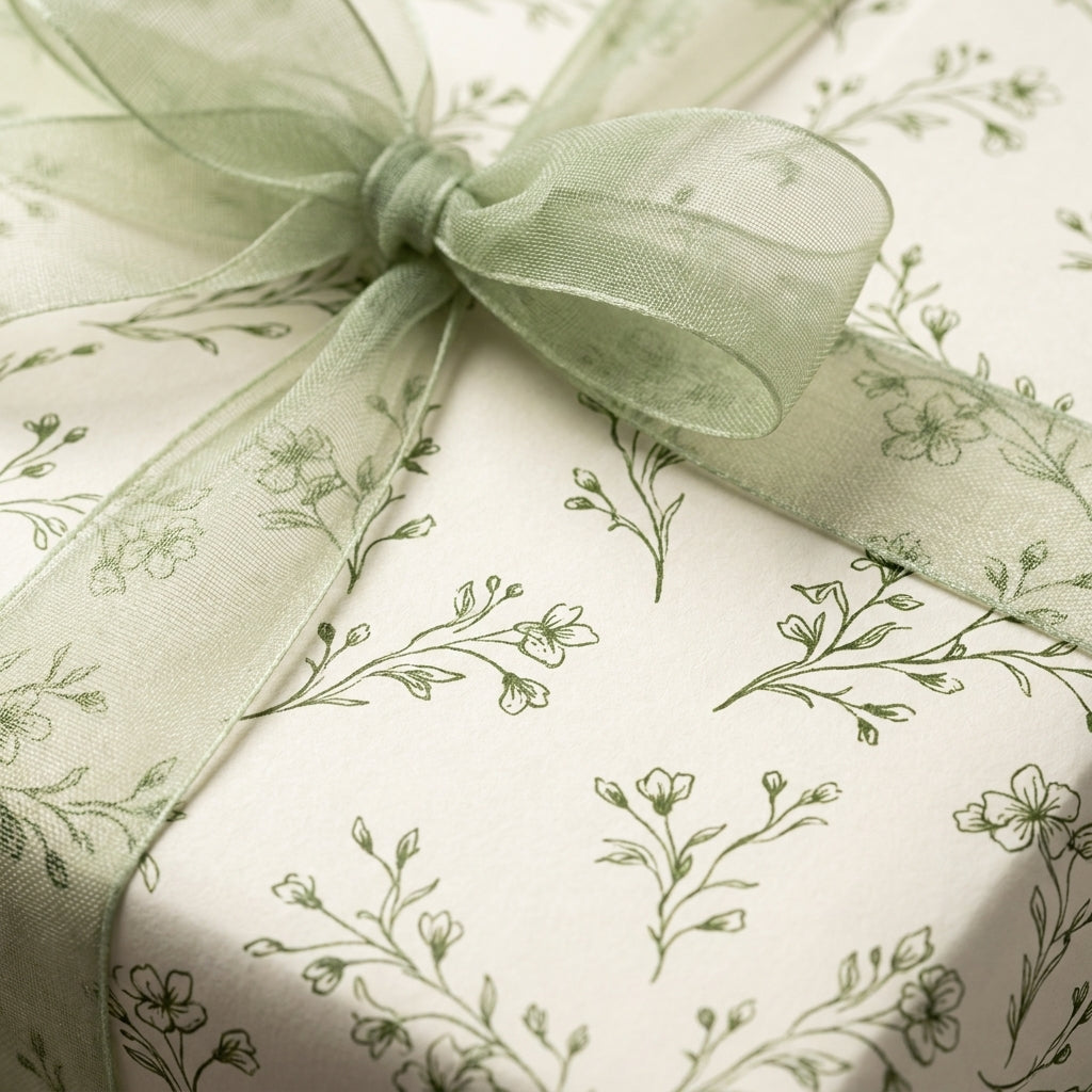 Elegant sage green botanical floral wrapping paper with a sheer ribbon bow by Wrapped Studios.