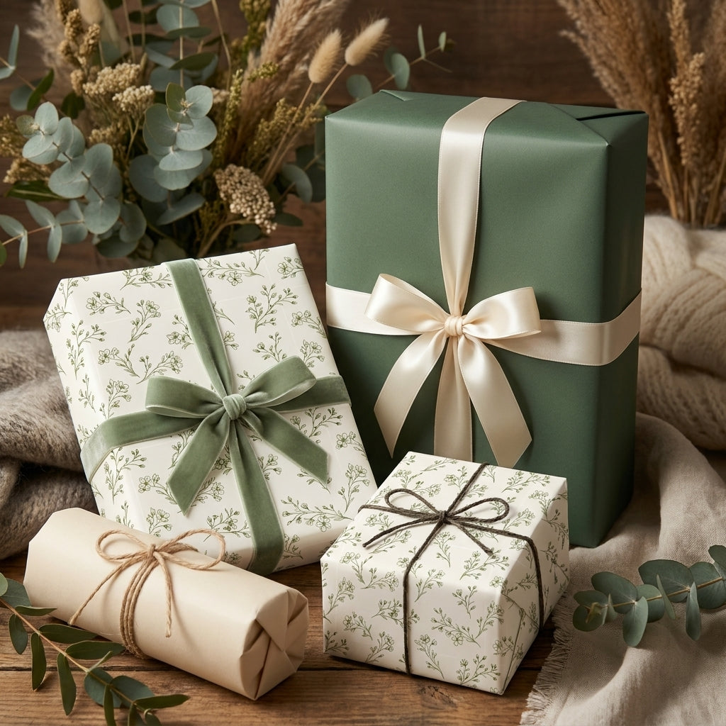 Elegant sage green and floral wrapping paper with luxury velvet ribbons on gift boxes by Wrapped Studios.