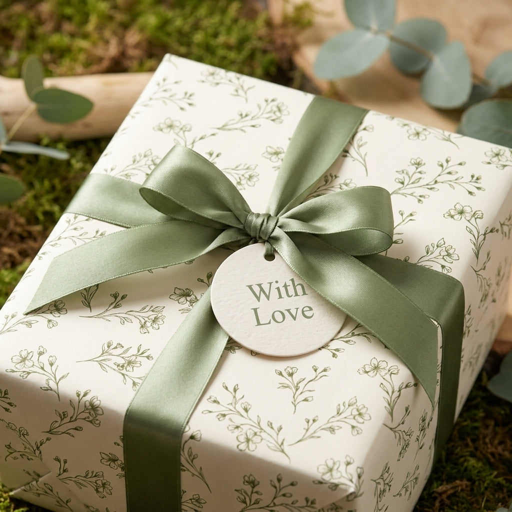 Elegant sage green floral wrapping paper with a satin ribbon bow and 'With Love' tag by Wrapped Studios.