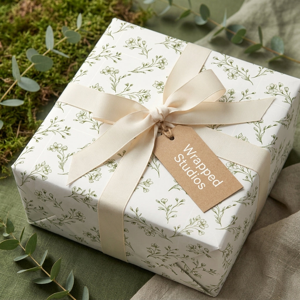 Elegant sage green floral wrapping paper by Wrapped Studios, tied with a cream ribbon on a gift box.