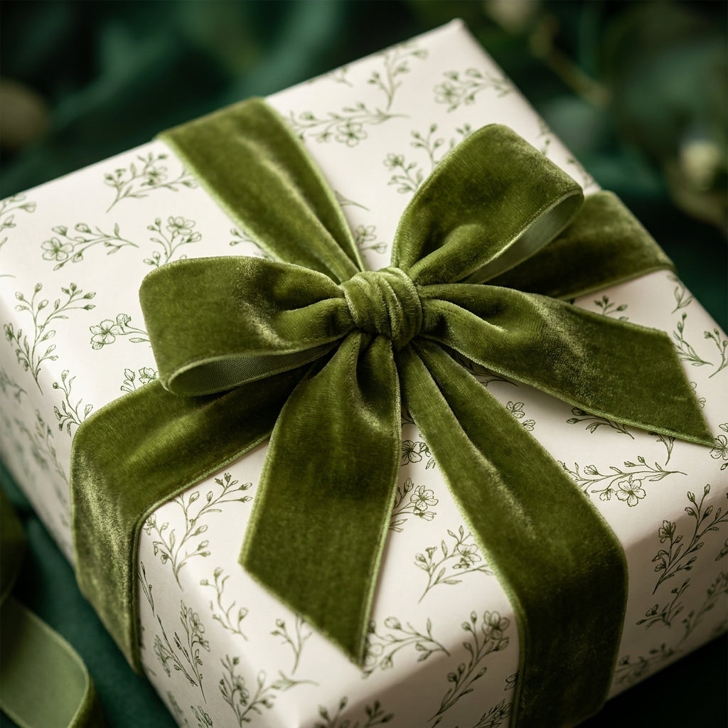 Botanical green floral wrapping paper with a luxury velvet bow on a gift box by Wrapped Studios.