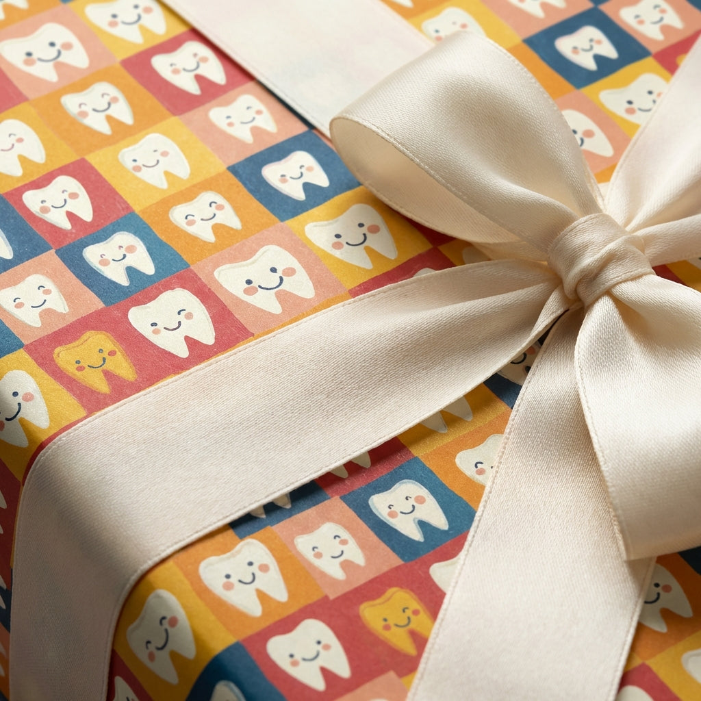 Gift box wrapped in fun, colorful tooth-patterned wrapping paper with an elegant cream ribbon.