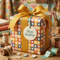 Colorful gift wrapped in dental-themed wrapping paper with a mustard ribbon, perfect for a dentist's birthday.