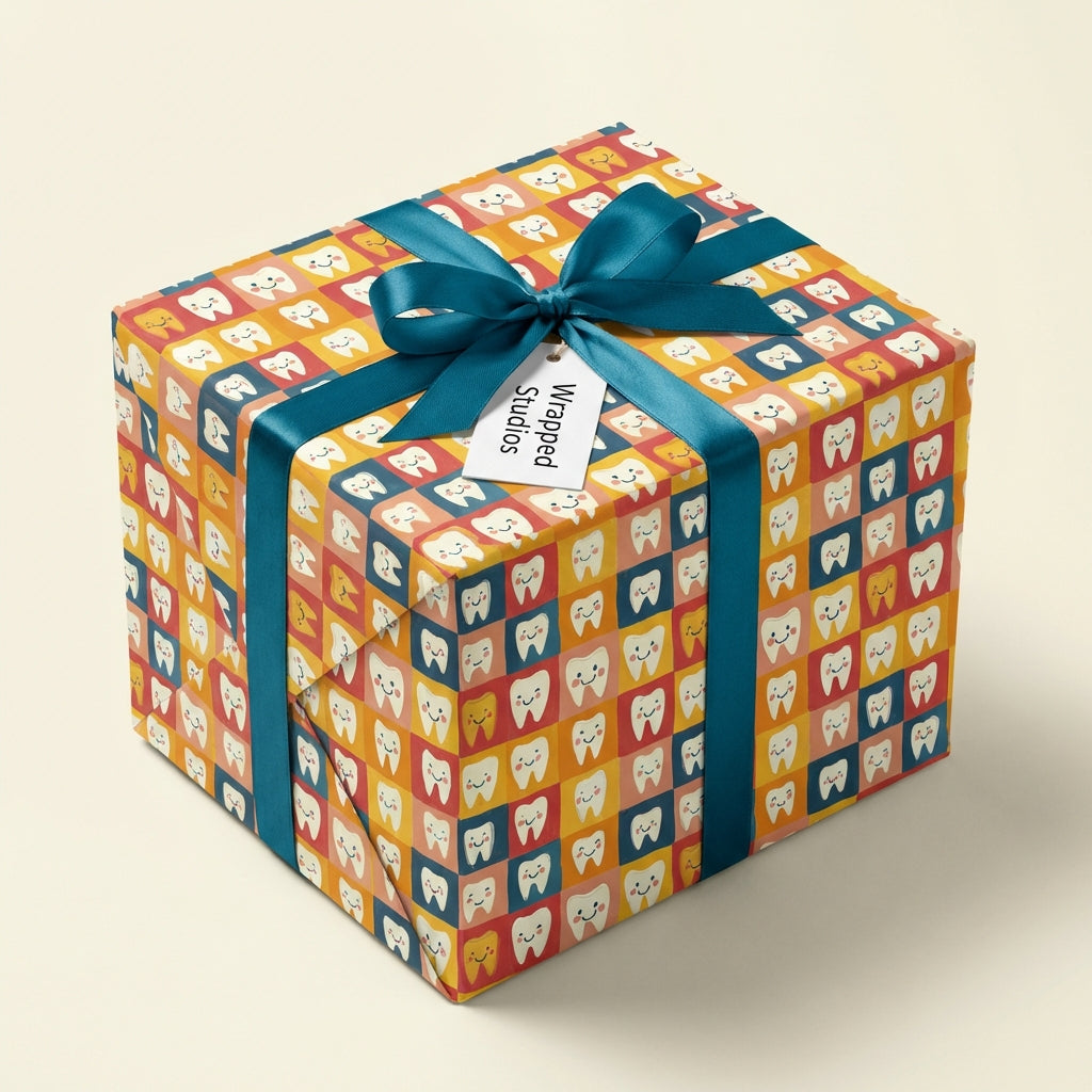 Fun dentist gift: Colorful wrapping paper with tooth pattern, teal ribbon, perfect for dental student graduation or DDS birthday.