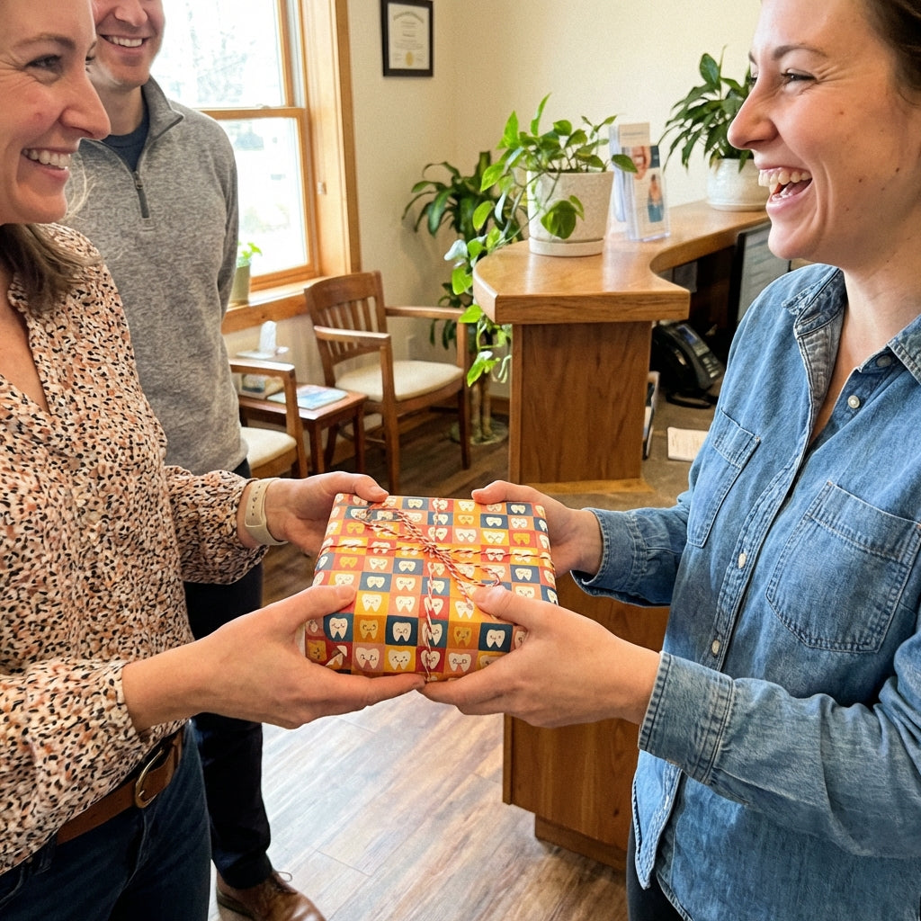Woman receiving gift wrapped in tooth-patterned birthday wrapping paper tied with orange string.