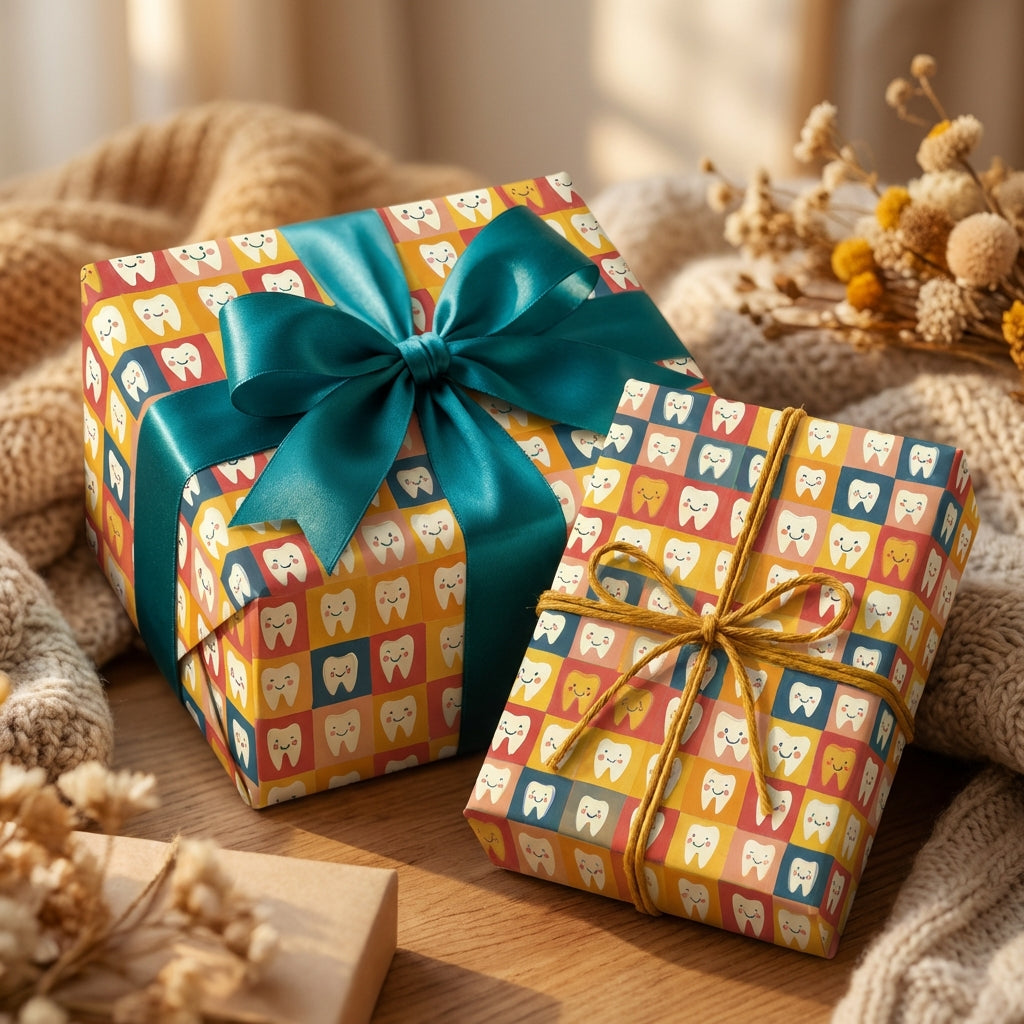 Gifts wrapped in colorful, tooth-patterned wrapping paper with teal satin ribbon and twine.