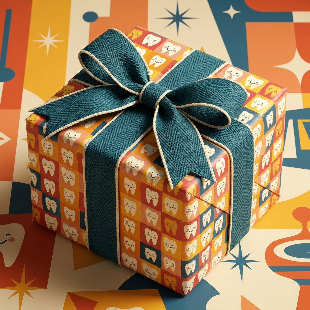 Fun gift wrapped in tooth pattern paper with dark teal ribbon, ideal gift for dentist or dental student.