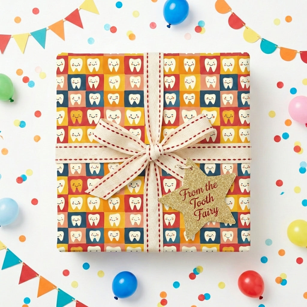 Fun "From the Tooth Fairy" gift wrapped in colorful cartoon teeth wrapping paper with star tag and confetti.