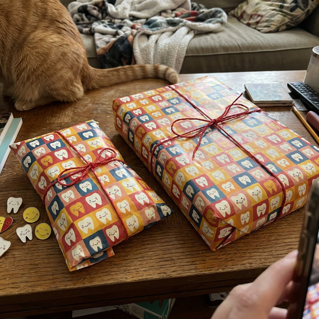 Two gifts wrapped in colorful, cartoon tooth pattern paper with red twine, perfect for a dentist or dental student.