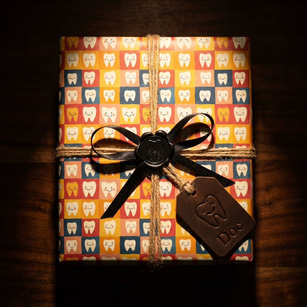 Square gift wrapped in colorful cartoon teeth wrapping paper, tied with twine and a black bow, a leather tag "Doc."