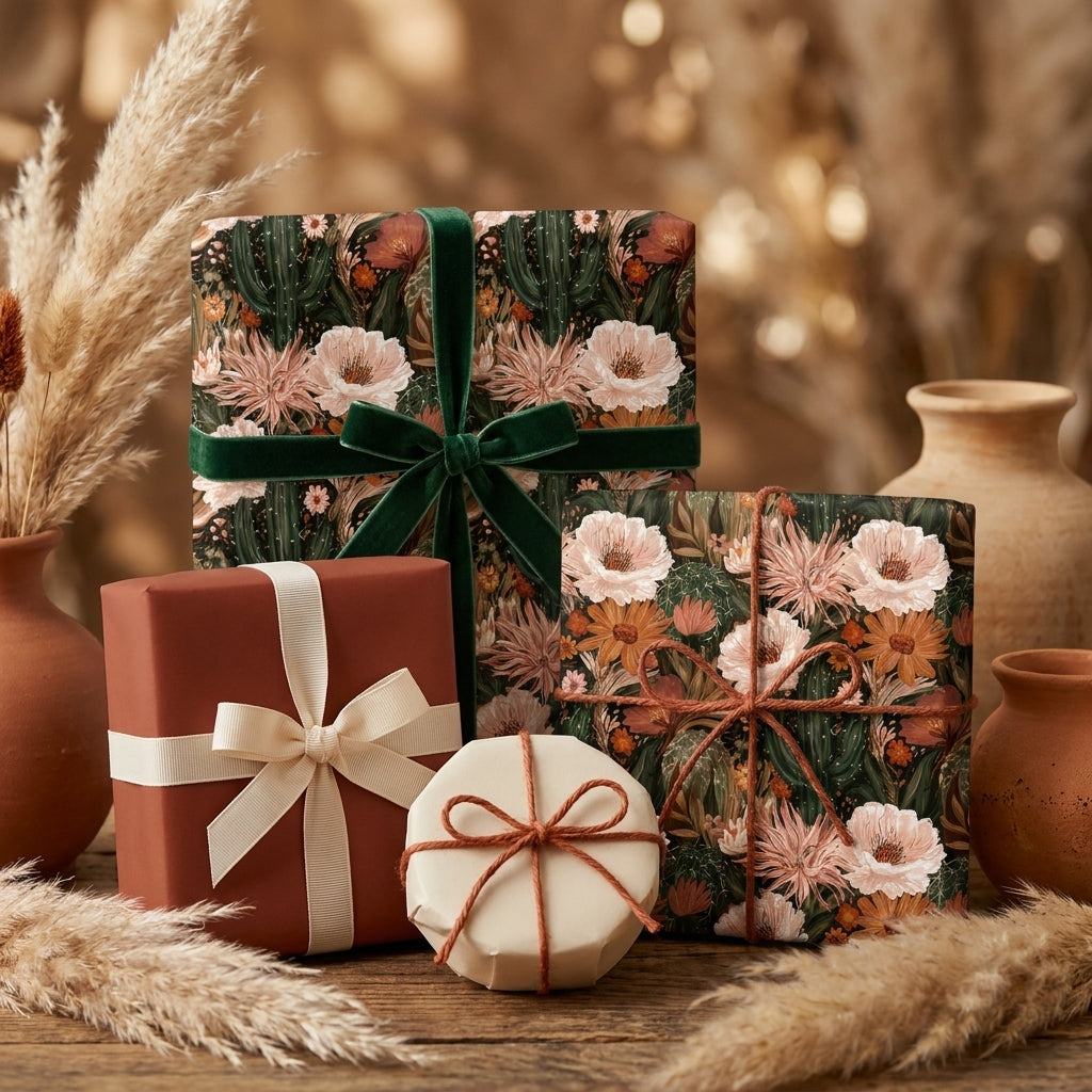 Boho floral wrapping paper with green cacti and pink flowers on rustic gifts by Wrapped Studios.