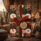 Boho desert floral wrapping paper with a rust velvet bow, cactus gift wrap by Wrapped Studios.