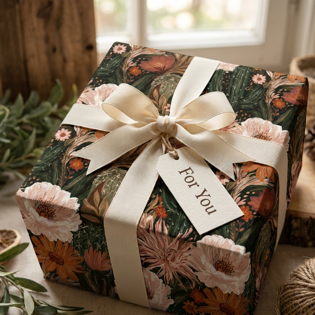 Luxury botanical floral wrapping paper with a cream ribbon bow and "For You" gift tag by Wrapped Studios.