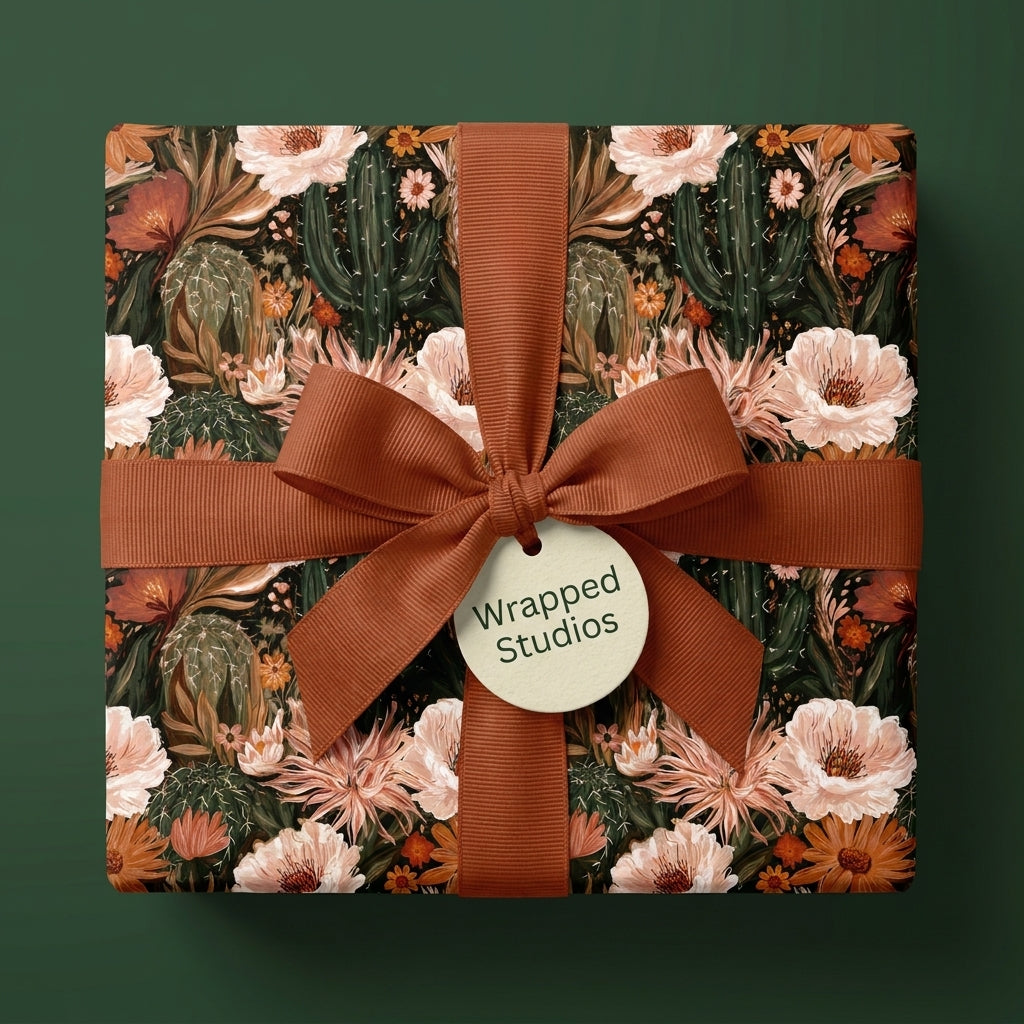 Boho desert floral wrapping paper with cactus print and rust ribbon on a gift box, by Wrapped Studios.