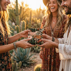 Friends exchanging a gift wrapped in boho floral wrapping paper by Wrapped Studios in a sunny desert.
