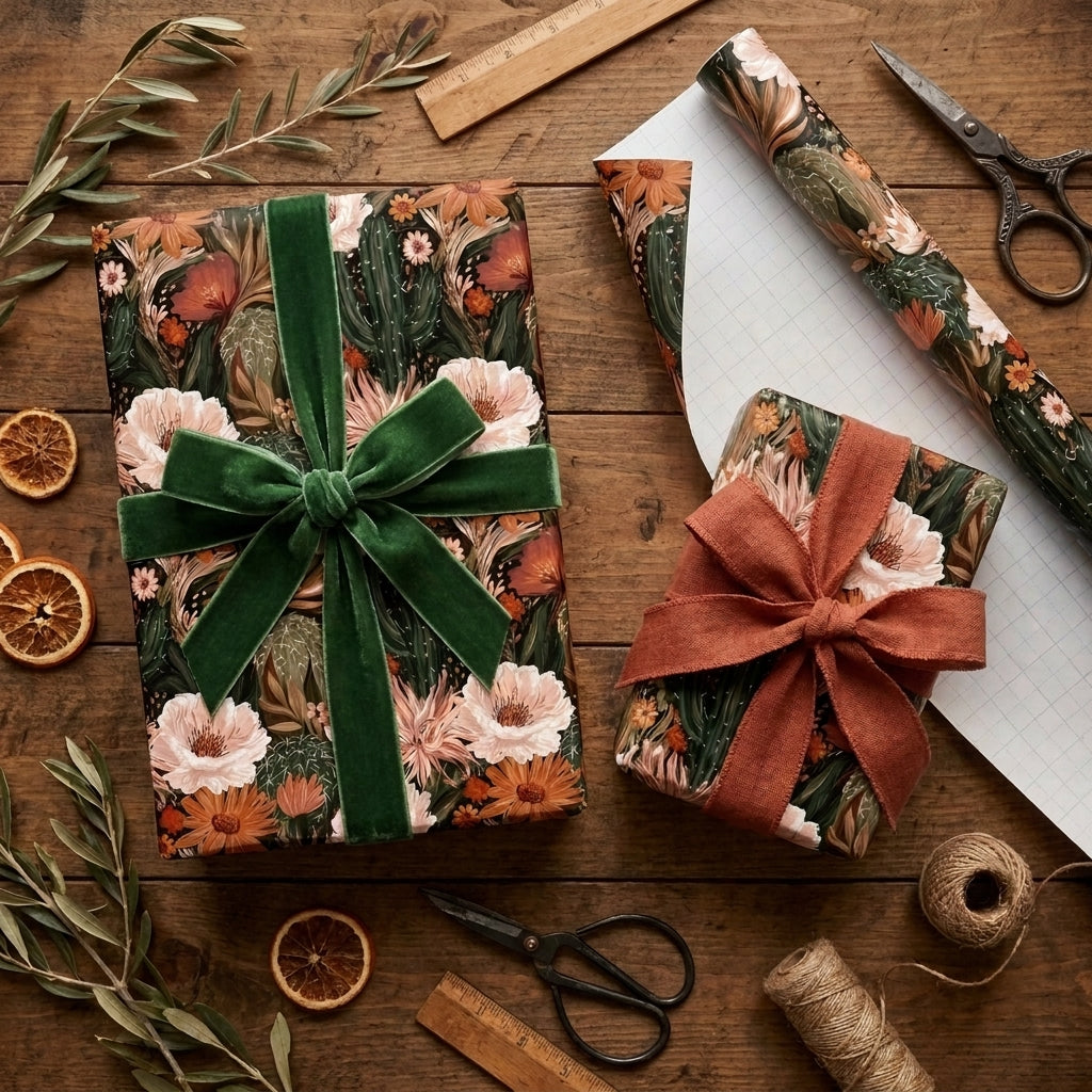 Luxury floral wrapping paper with green velvet and rust bows on gifts, by Wrapped Studios.