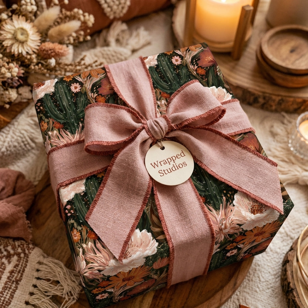 Boho floral wrapping paper with a desert cactus print and dusty pink linen bow by Wrapped Studios.