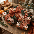Rustic autumn floral wrapping paper on birthday gifts with terracotta ribbon by Wrapped Studios.