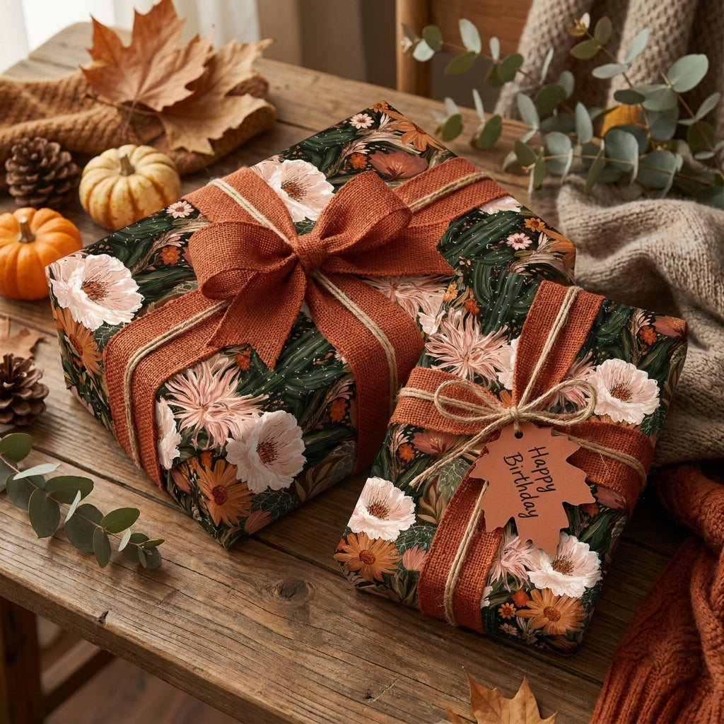 Rustic autumn floral wrapping paper on birthday gifts with terracotta ribbon by Wrapped Studios.