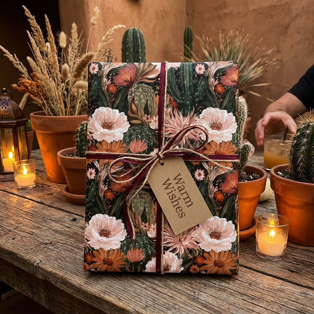 Desert floral wrapping paper with cactus print by Wrapped Studios on a gift with a Warm Wishes tag.