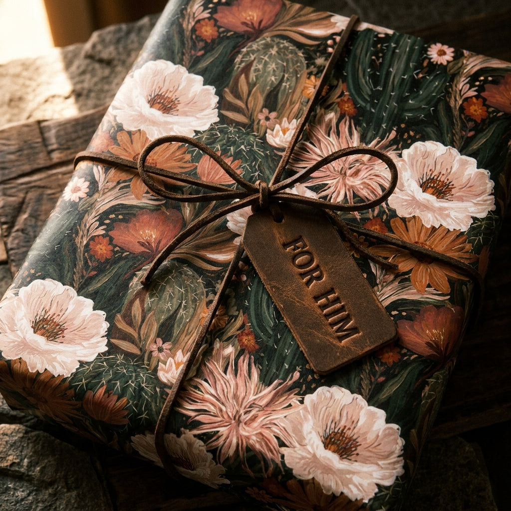 Rustic desert floral gift wrap with a leather bow and 'For Him' tag by Wrapped Studios.