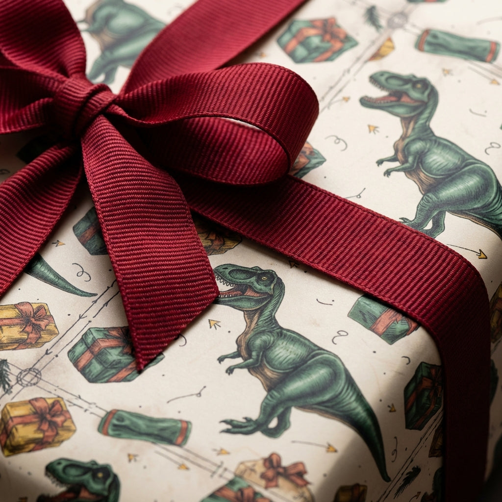 Wrapped gift in dinosaur birthday wrapping paper with red ribbon.