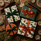 Wrapped Studios dinosaur wrapping paper with velvet ribbon, perfect for a kid's birthday gift!