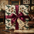 Dinosaur gift wrap with burgundy ribbon and "For the Adventurer" tag.