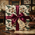 Dinosaur gift wrap with burgundy ribbon and "For the Adventurer" tag.