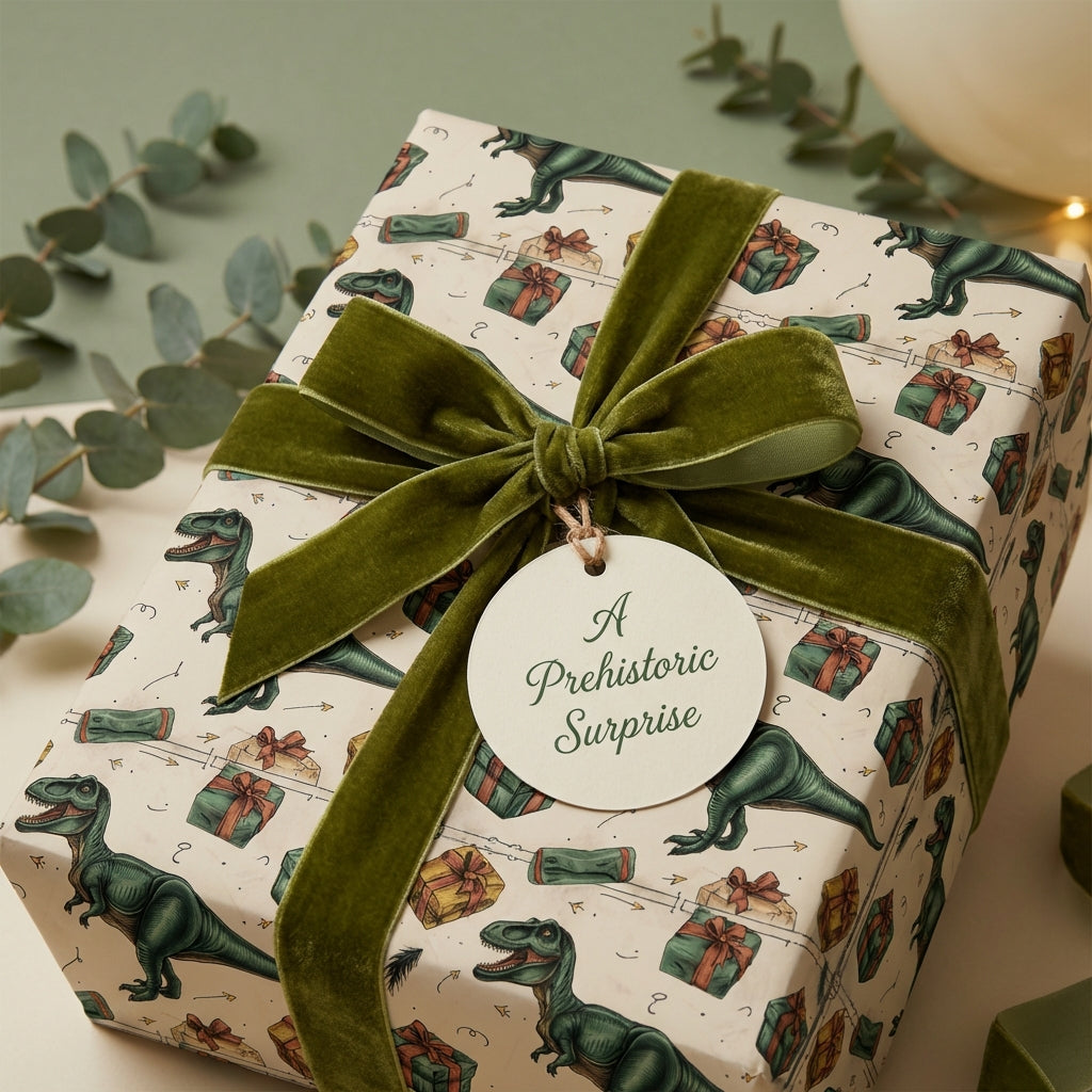 Dinosaur birthday wrapping paper from Wrapped Studios. Gift wrapped with velvet olive ribbon.