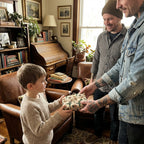 Boy receiving Wrapped Studios gift wrapped in botanical print paper with twine.