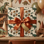 Wrapped Studios dinosaur birthday wrapping paper with a copper ribbon and gift tag.