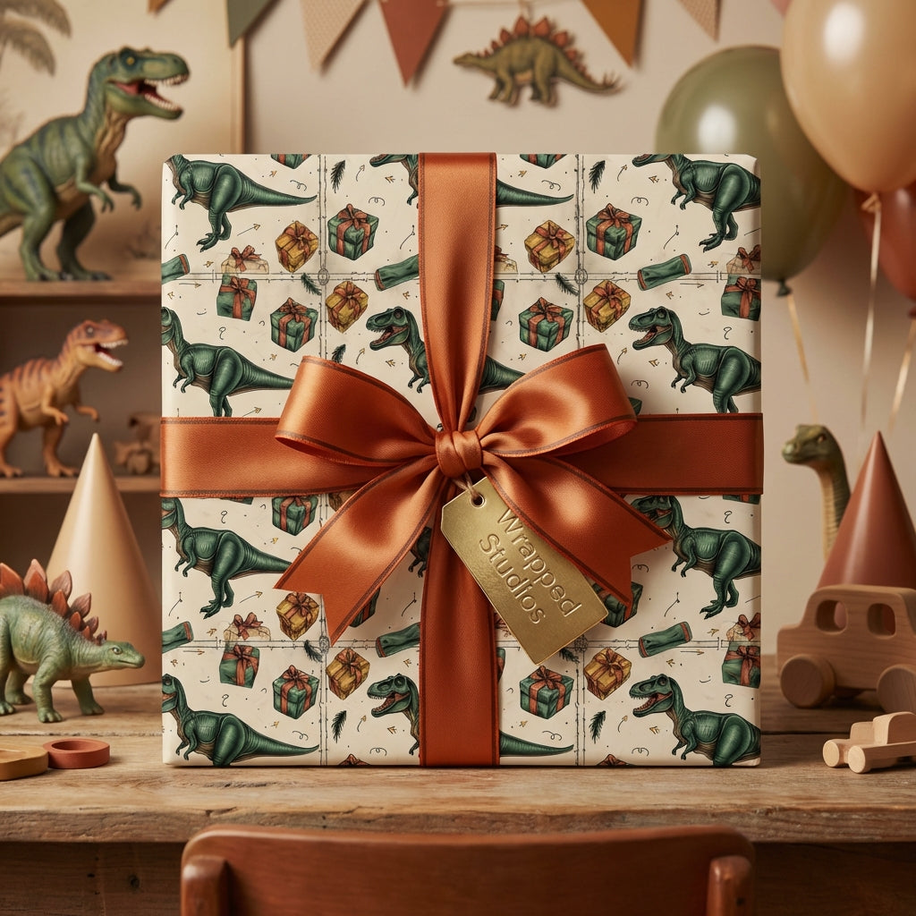 Wrapped Studios dinosaur birthday wrapping paper with a copper ribbon and gift tag.