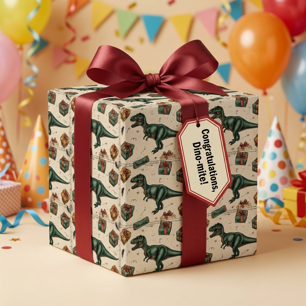 Dinosaur birthday wrapping paper with burgundy ribbon, tag reads "Congratulations, Dino-mite!"