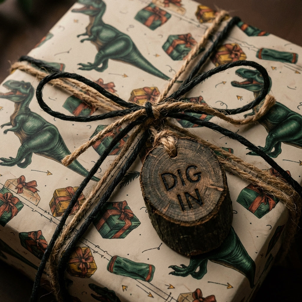 Dinosaur wrapping paper featuring a rustic twine bow and wood tag, perfect for kids' birthday gifts.