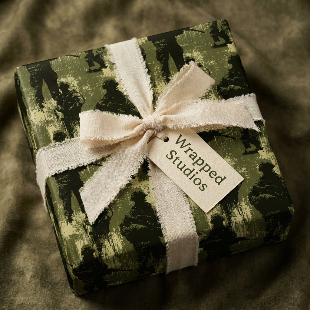 Military camouflage gift wrap with soldier silhouettes, tied with cream linen ribbon by Wrapped Studios.