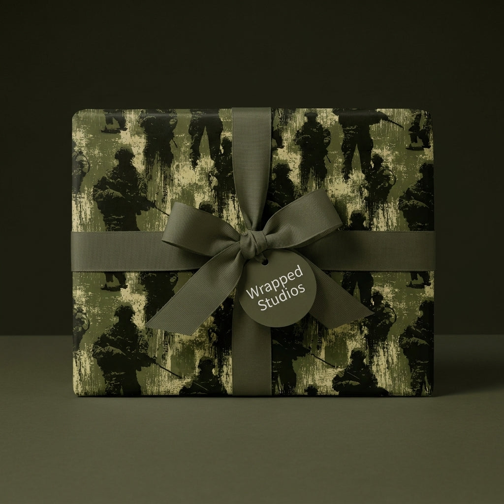 Military soldier wrapping paper with olive green ribbon, patriotic army gift wrap by Wrapped Studios.
