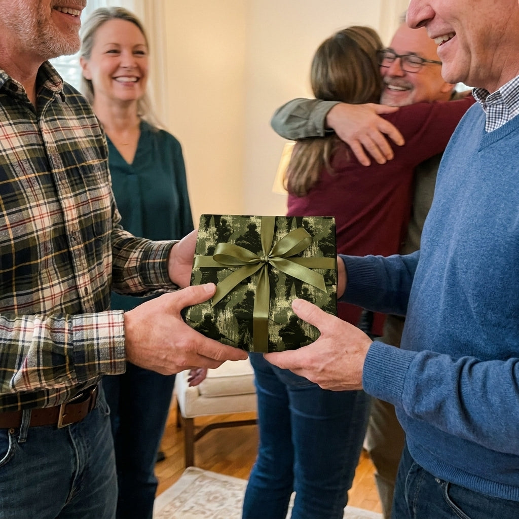 Military camouflage wrapping paper with green ribbon held at a family gathering by Wrapped Studios.