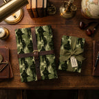 Military soldier wrapping paper by Wrapped Studios on gifts with a vintage leather strap and burlap ribbon.