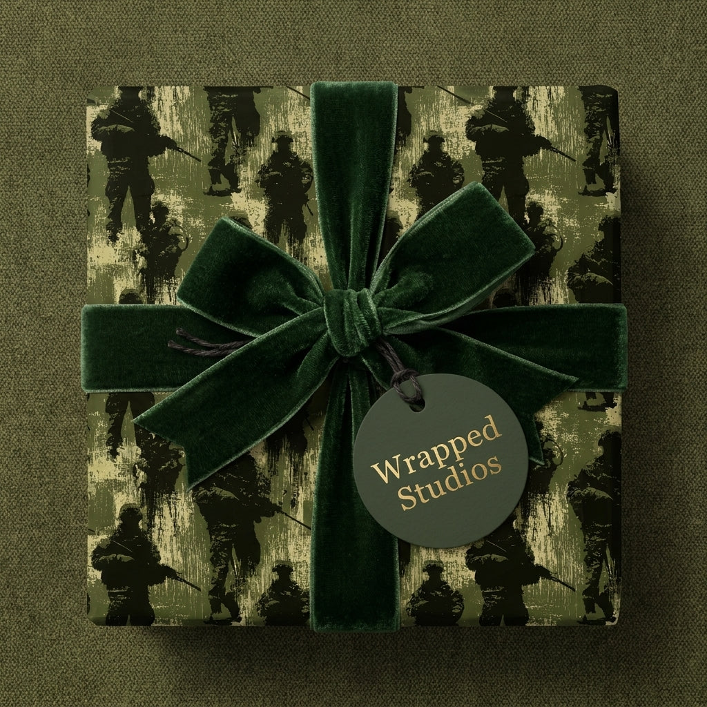 Military army wrapping paper with green velvet bow and gift tag by Wrapped Studios.