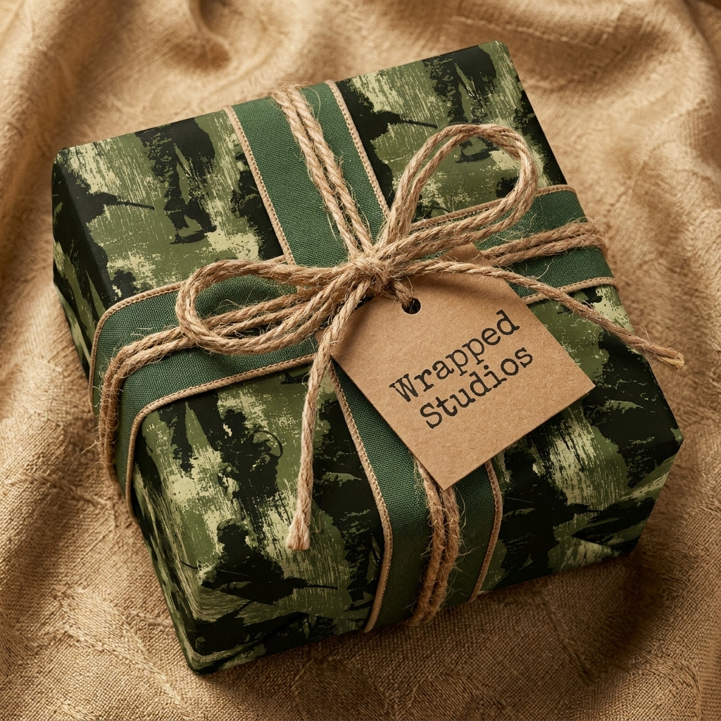 Military camo gift wrap by Wrapped Studios on a gift box tied with rustic twine and green ribbon.