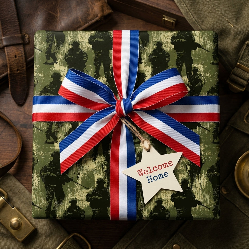 Military wrapping paper with soldier silhouettes, red, white, and blue bow, and Welcome Home tag by Wrapped Studios.