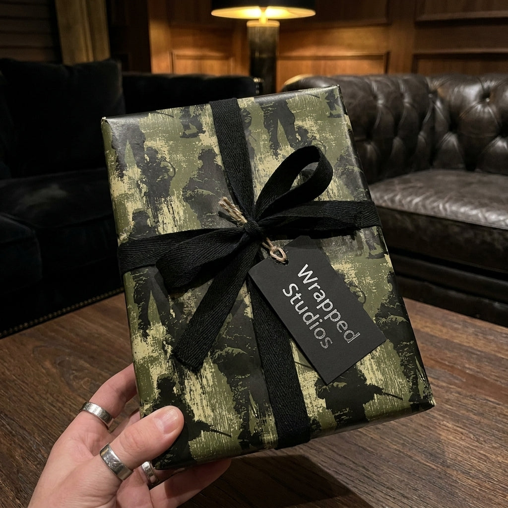 Camo soldier military wrapping paper with black ribbon and gift tag by Wrapped Studios.