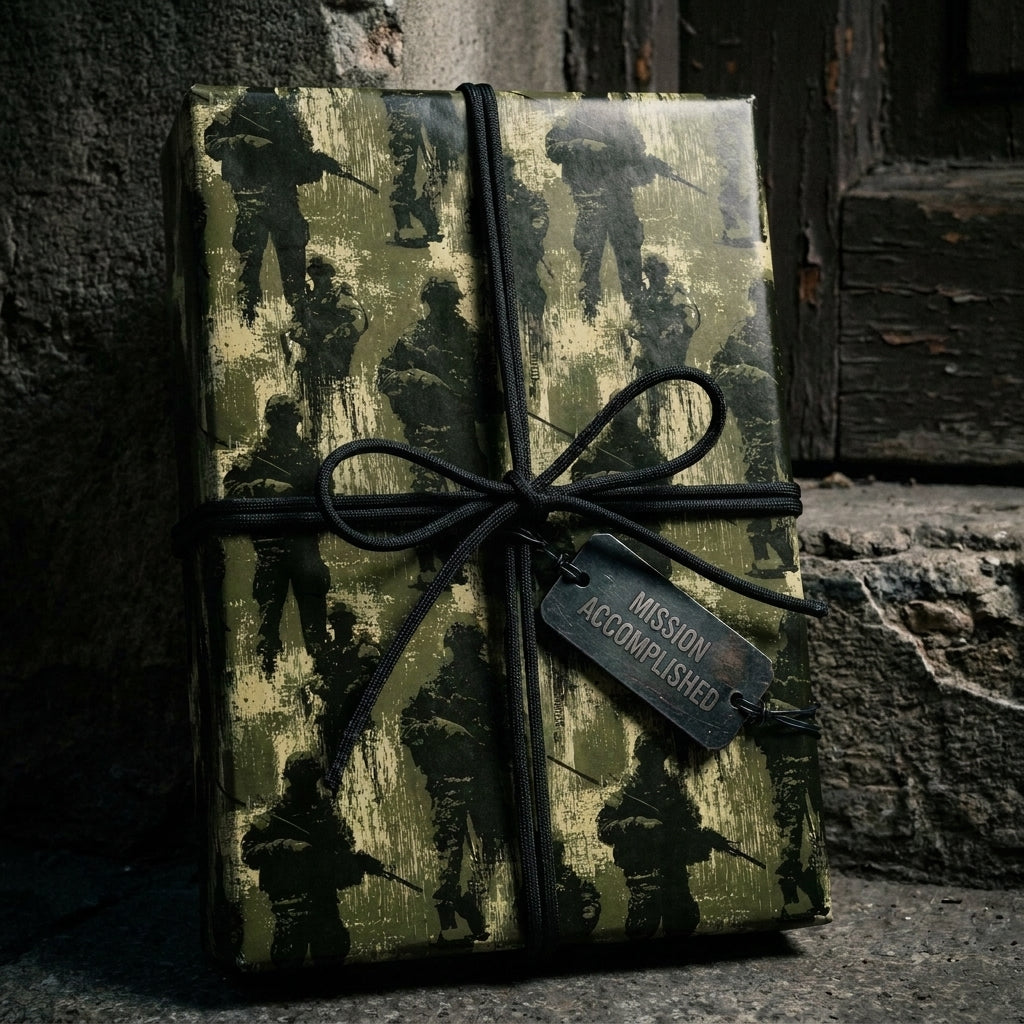 Military wrapping paper with soldier silhouettes, black paracord bow, and dog tag by Wrapped Studios.