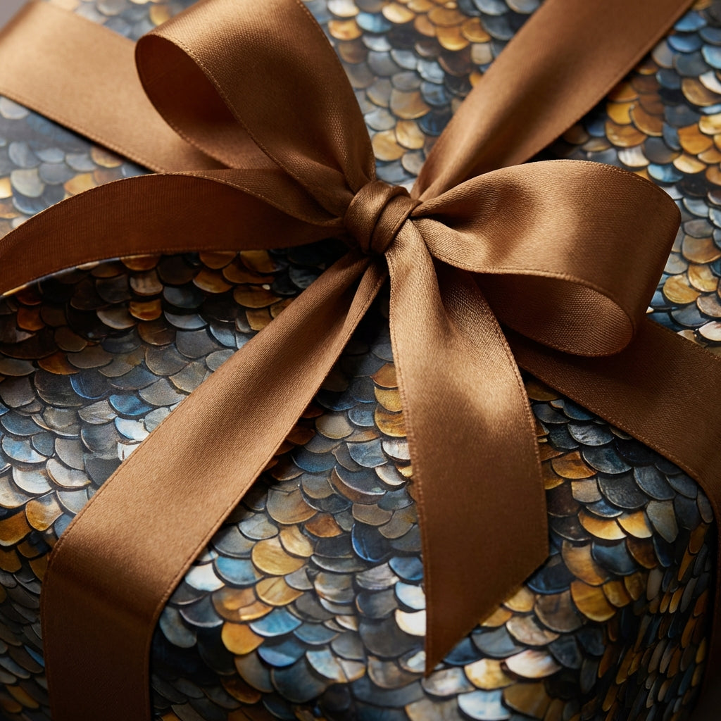 Elegant gift wrapped in blue and gold scale-pattern paper with a satin bronze ribbon.
