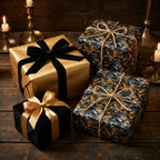 Decorative dragon scale gift boxes with ribbons on a wooden surface with candles.