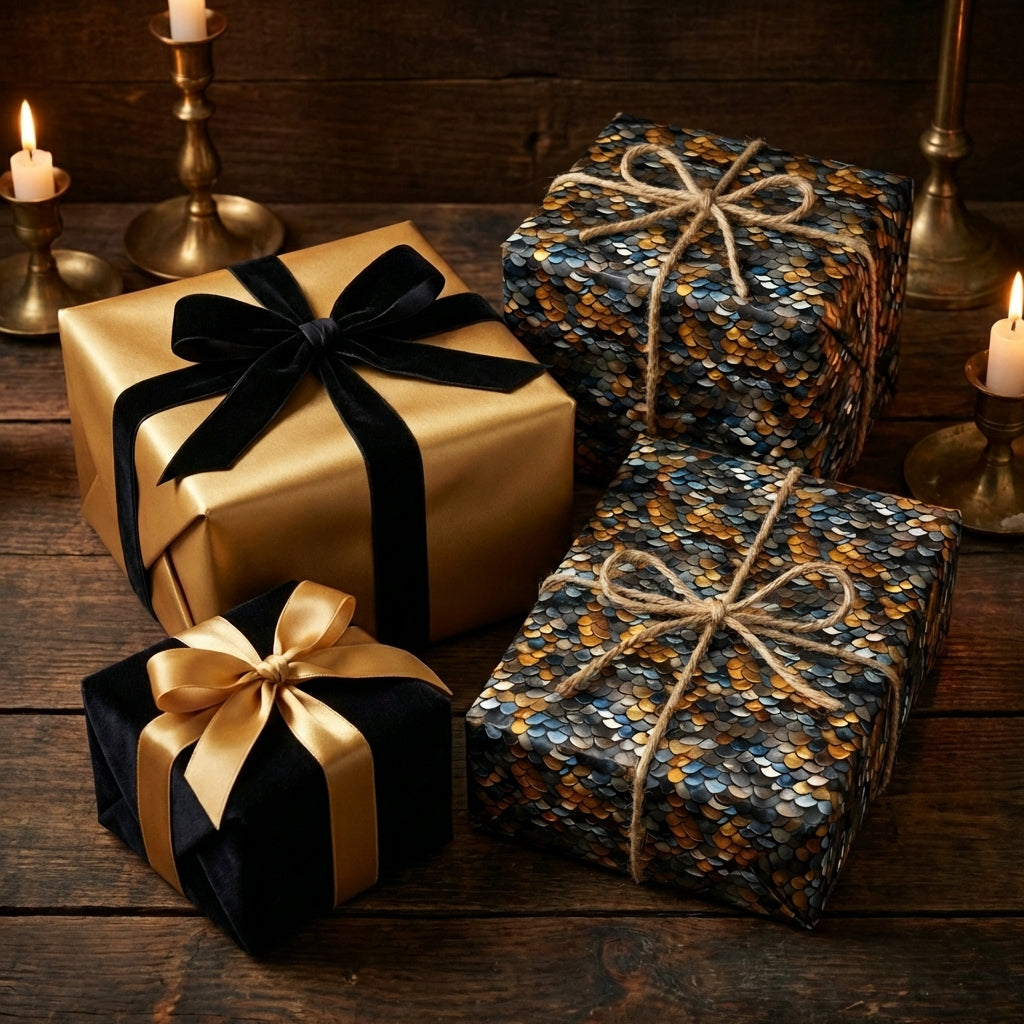 Decorative dragon scale gift boxes with ribbons on a wooden surface with candles.