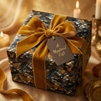 Gift box with dragon scale wrap and gold ribbon, surrounded by candles and decorative items. Tag reads "A Mystical Gift"