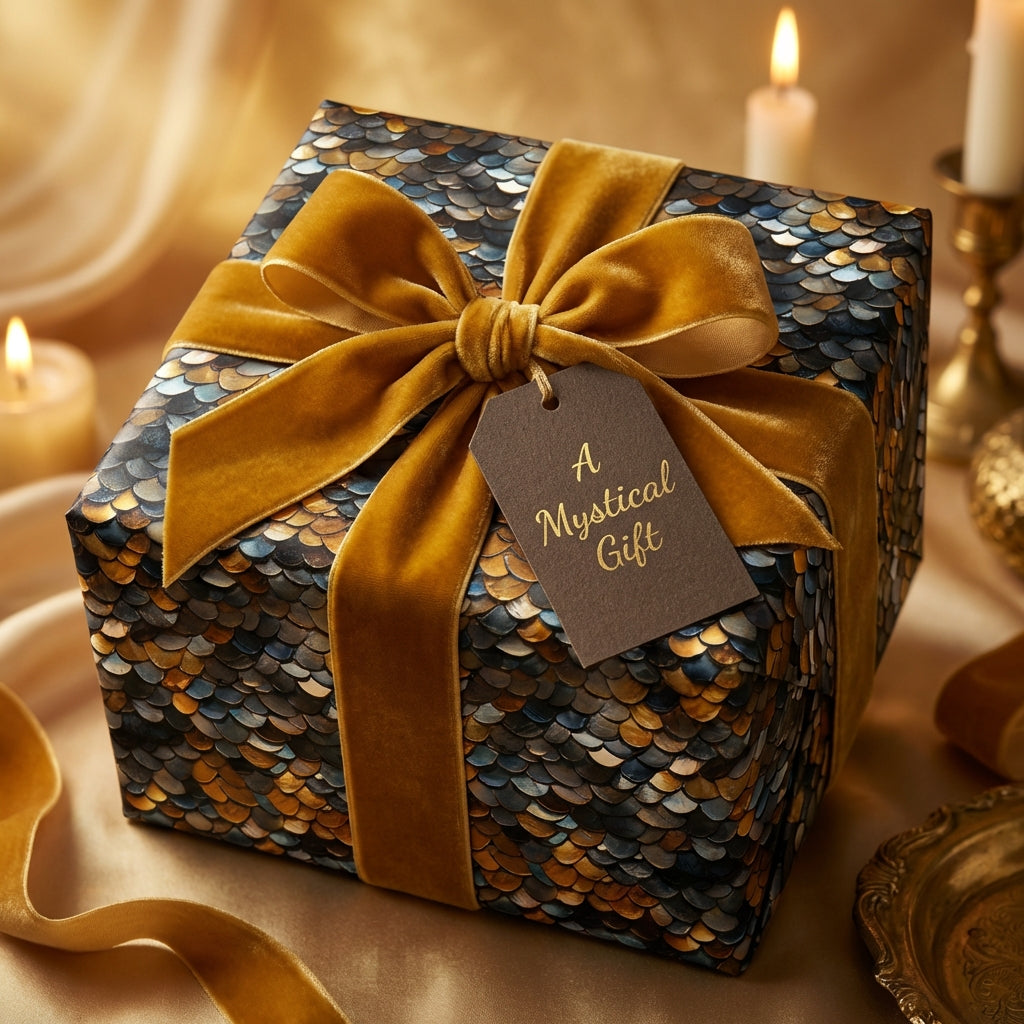 Gift box with dragon scale wrap and gold ribbon, surrounded by candles and decorative items. Tag reads "A Mystical Gift"